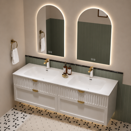 Double Sink HydroCore Composite Panel Vanity with LED Mirrors & Fluted Drawers