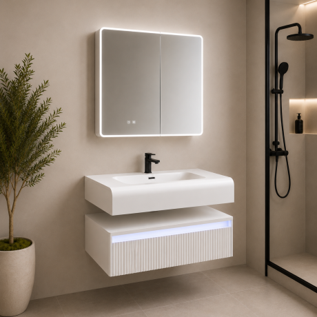 One Piece Resin Basin with Hydrocore Drawer Floating Vanity (White)