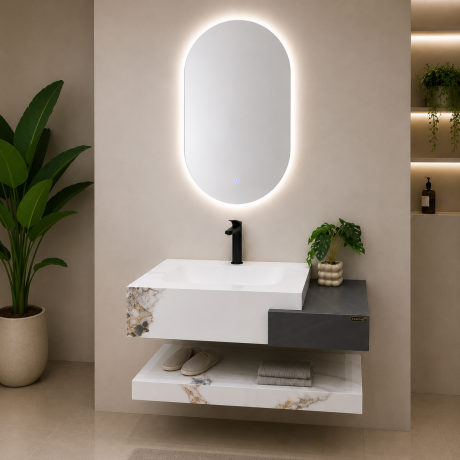 Sintered Stone Floating Vanity Set (Marble White & Black)