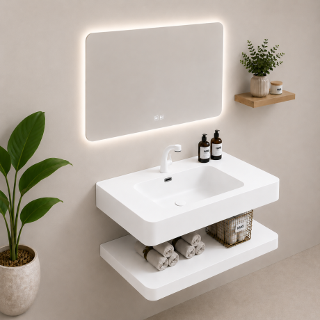 One-piece Moulded Resin Bathroom Vanity Set (Semi Matte White)