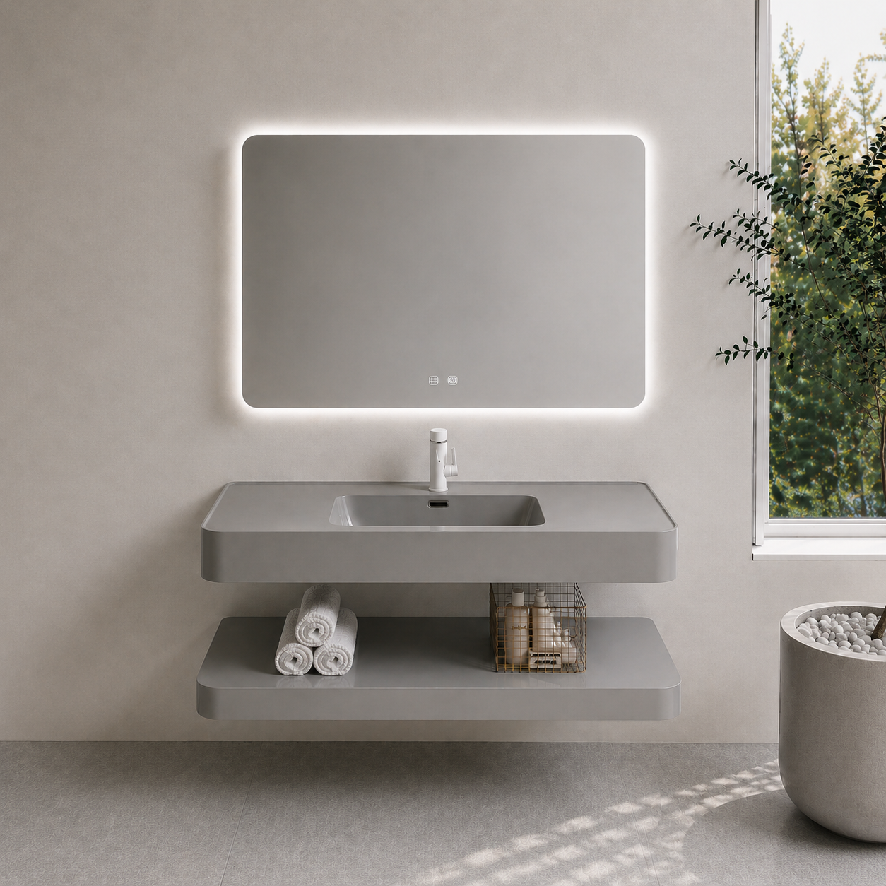One-piece Moulded Resin Bathroom Vanity Set (Soft Gloss Grey)