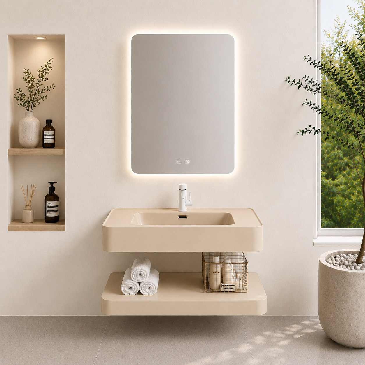 One-piece Moulded Resin Bathroom Vanity Set (Warm Cream)