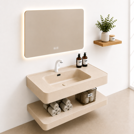 One-piece Moulded Resin Bathroom Vanity Set (Warm Cream)
