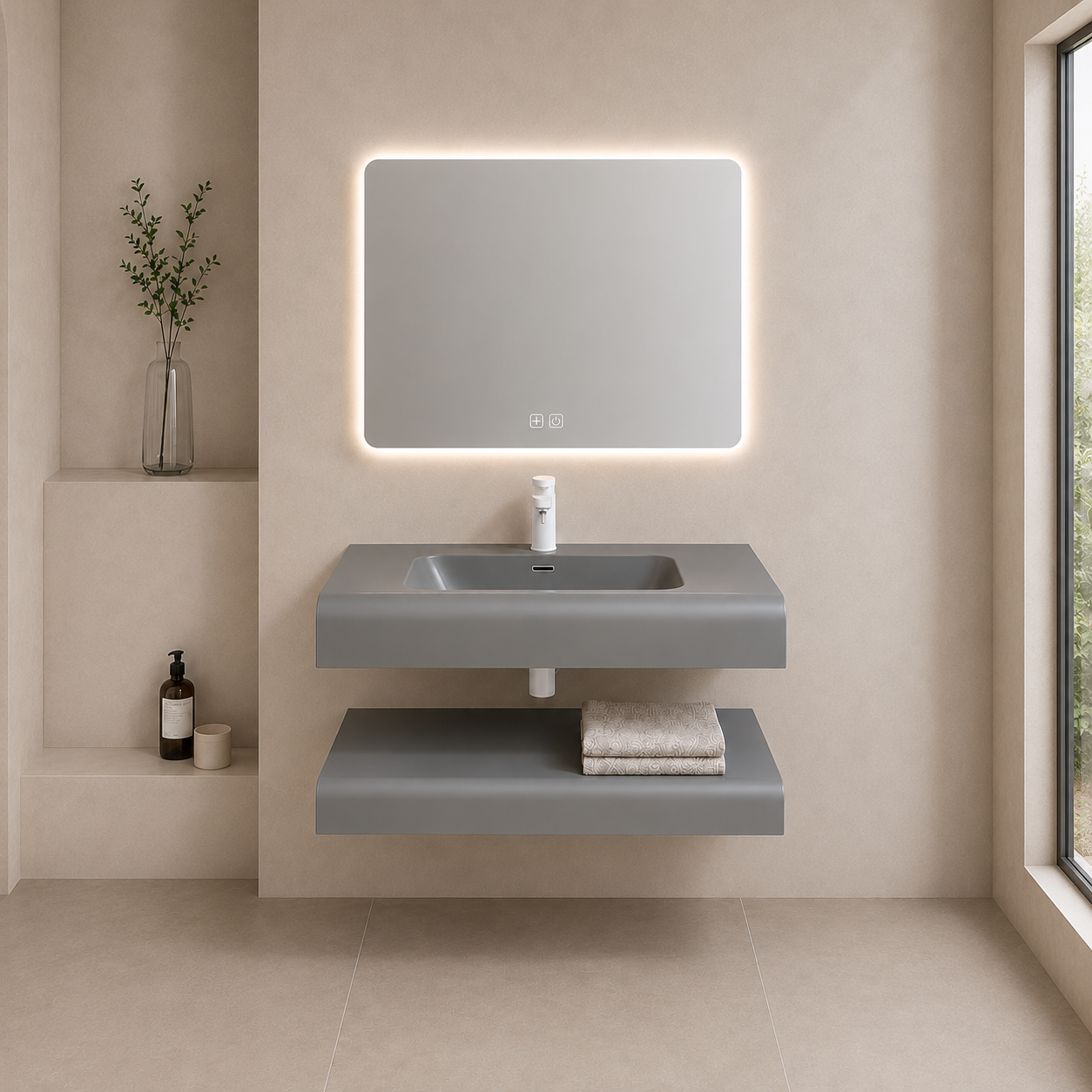 One-piece Moulded Resin Bathroom Vanity Set (Soft Gloss Grey)